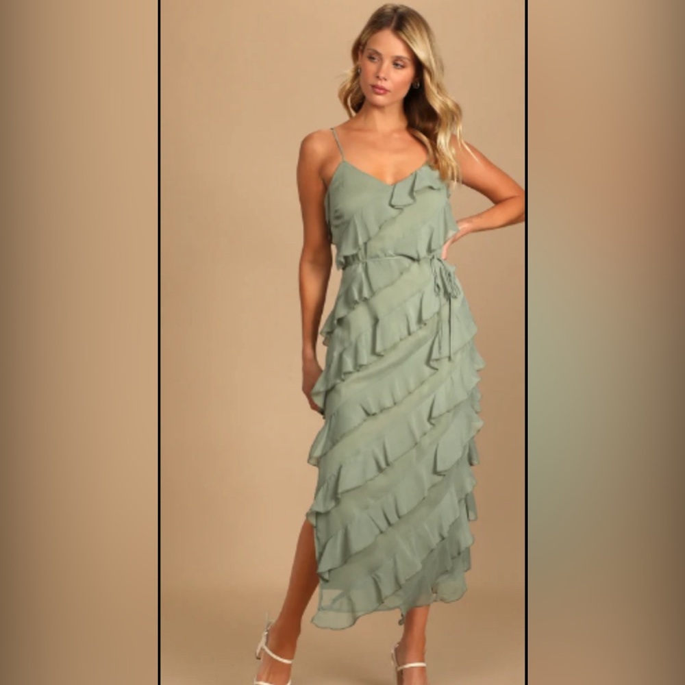 Lulu’s Sage Green Ruffle Midi Dress